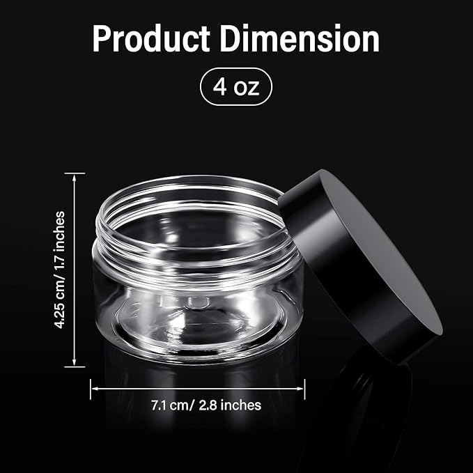 SATINIOR 12 Pack 4 oz Plastic Container Jars with Lids Round Clear Travel Cosmetic Container Slime Jars for Toiletries, Lotion, Cream, Ointments, Makeup, Rhinestone, Samples, Kitchen Storage(Black)