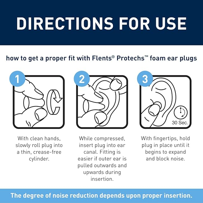 Flents Protechs Contoured for Comfort Foam Ear Plugs, Soft & Comfortable Hearing Protection for Work, Construction, Heavy Machinery, Studying, Travel & Sleep, NRR 32, Easy to Use, Blue, 10 Pairs