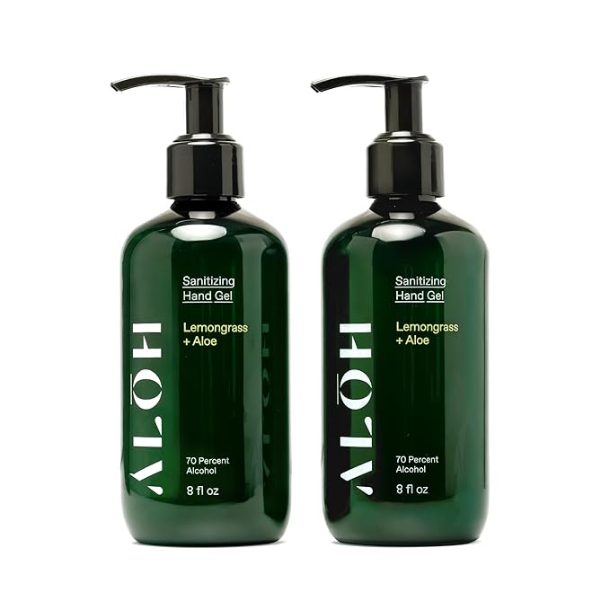 ALŌH Sanitizing Hand Gel 2-pack | Lemongrass + Aloe | 70% Alcohol Hydrating Hand Sanitizer Gel with Essential Oil, for Kids & Adults | 8oz Size Bottle (Set of 2)