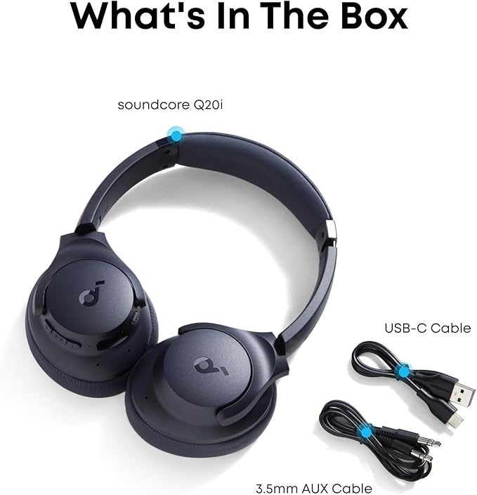 Soundcore by Anker Q20i Hybrid Active Noise Cancelling Headphones, Wireless Over-Ear Bluetooth, 40H Long ANC Playtime, Hi-Res Audio, Big Bass, Customize via an App, Transparency Mode