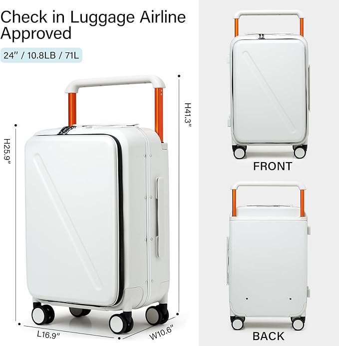 MILADA Wide Handle Luggage with Front Pocket Hardshell Aluminium Check In Suitcase with Wheels Medium 24 Inch Front Opening Checked Luggage with Spinner Wheels TSA Lock Airline Approved Luggage, White