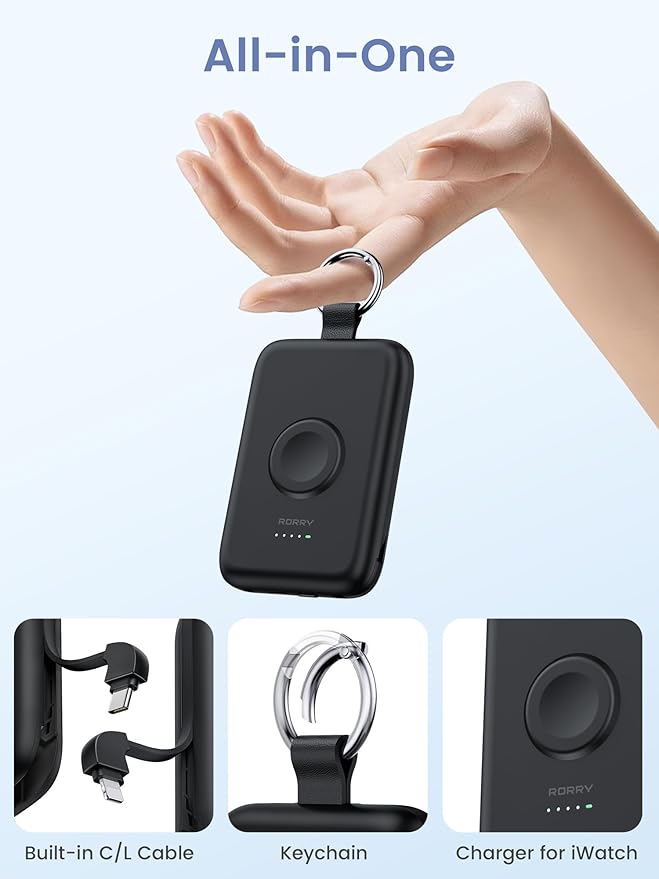 RORRY Portable Charger, 10000mAh PD 20W Fast Charging Portable Charger Power Bank with Built in Cables, Travel Battery Pack for iPhone 17/16/15/14/13/12 and Apple Watch Ultra/11/10/9/8/7/6/5, Black