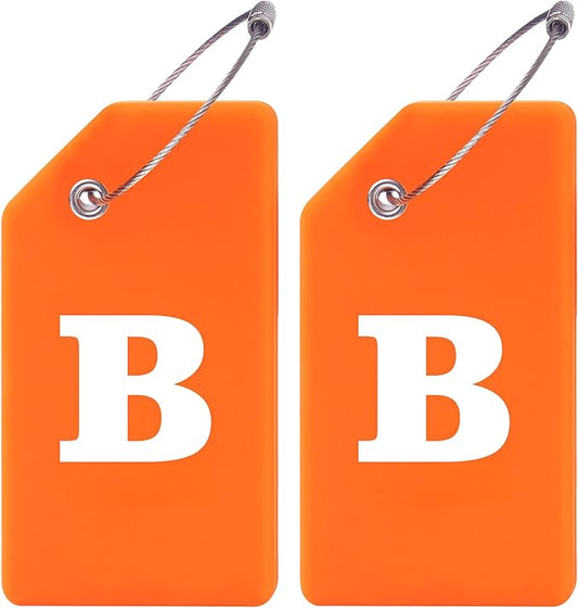 Gostwo 2 Pack Silicone Luggage Tags for Suitcases, 26 Initial Letter Baggage Labels Handbag School Bag Suitcase Instrument Tag with Stainless Steel Loop(Orange)(Letter B)