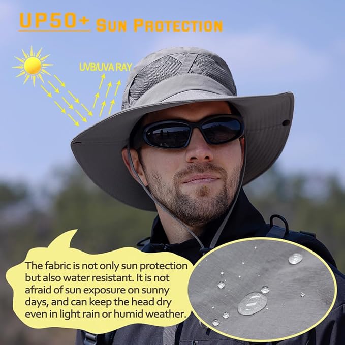 Fishing Hat UPF50+ Wide Brim Sun Hat for Men Women, Water Resistant Summer Sun Protection Safari Hat Hiking Bucket Hat