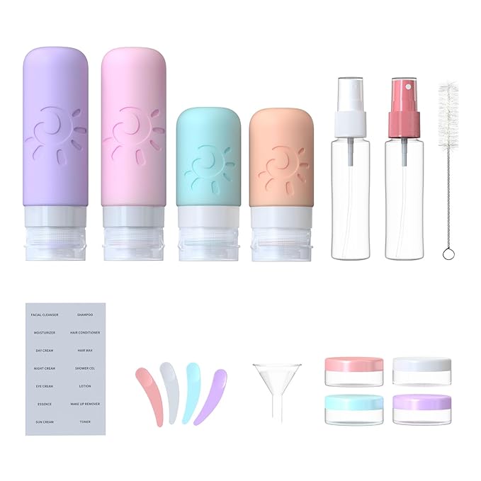 18 Pack travel Bottles for Toiletries, TSA Approved Silicone Travel Containers Leak Proof Refillable Travel Accessories for Shampoo Conditioner Lotion Body Wash(Multicolored C)