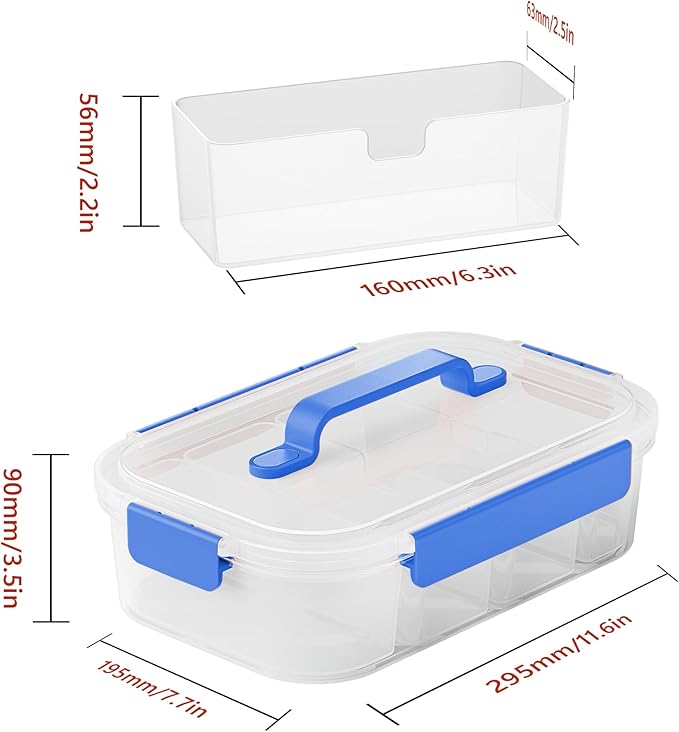 Li & Zhao Snackle Box Container - 4-Compartment Divided Snack Serving Tray with Silicone Handle, Perfect for Picnics, Leak-Proof, and Dishwasher-Safe Dressing Containers(Blue)