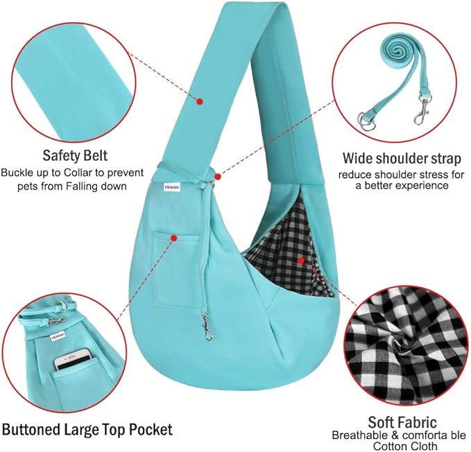 FDJASGY Small Pet Sling Carrier-Hands Free Reversible Pet Papoose Bag Tote Bag with a Pocket Safety Belt Dog Cat for Outdoor Travel Paleturquoise