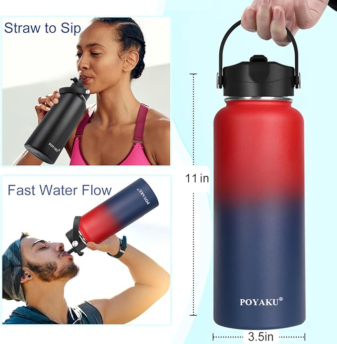 Water Bottle Insulated 32oz 40oz 64oz 128oz Straw Lid Spout Lid & 3 Lids, Leak Proof, Vacuum Insulated,Stainless Steel Water Bottle Wide Mouth for Sports, Gym or Office