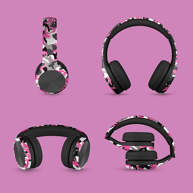 LilGadgets Connect+ Pro Wired Kids Headphones for School with Microphone, Volume Limiting Over-Ear Headset with Cord, SharePort Technology & SoftTouch Padding, Pink Camo