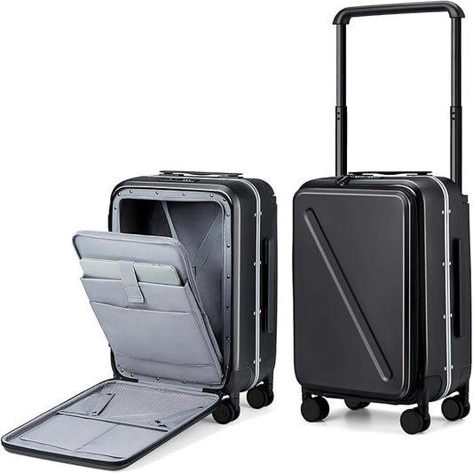 MILADA Wide Handle Carry On Luggage with Front Pocket Hardshell 20 Inch Front Opening Luggage with Spinner Wheels TSA Lock Aluminium Suitcase Airline Approved Carry-On Travel Luggage, Black