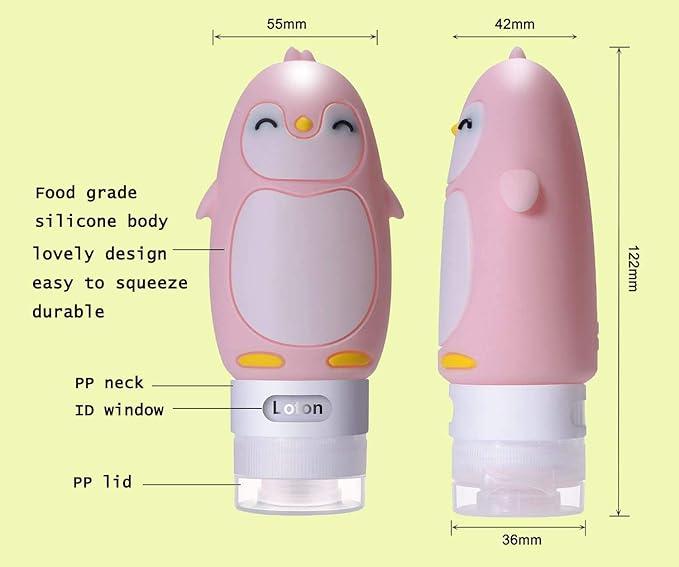 AUTENS Leakproof Silicone Travel Bottles Accessories Set,3oz (90ml) 4 Pack Refillable Cute Penguin Travel Containers for Shampoo,Lotion Sunscreen ect. - TSA Approved & BPA Free