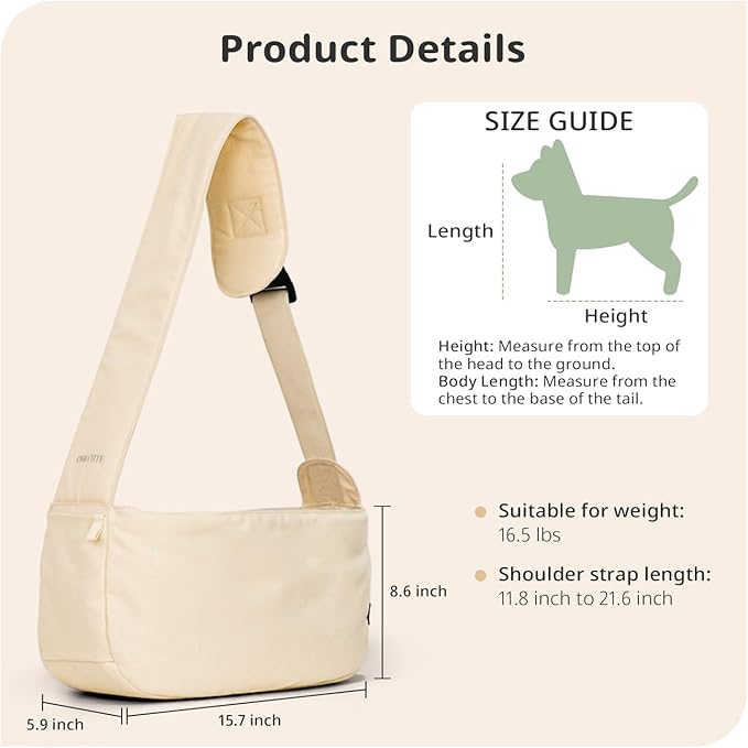 Dog Sling Carrier for Small Dogs and Cats, Lightweight Collapsible Pet Travel Bag with Adjustable Strap, Side Pockets & Breathable Mesh (Beige, 15.7" L x 5.9" W x 8.6" H)