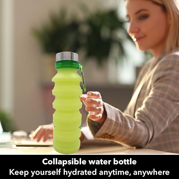 Collapsible Water Bottle (Yellow) - Reusable, BPA Free, Silicone, Foldable Portable & Leak Proof - Water Bottles for Travel Gym Camping Hiking - Sports Water Bottle with Carabiner