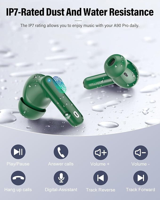 Wireless Earbuds, Bluetooth 5.4 Headphones Bass Stereo, Ear Buds with Noise Cancelling Mic, LED Display in Ear Earphones Clear Calls, IP7 Waterproof Bluetooth Earbuds for Laptop/Phones/Sports, Green