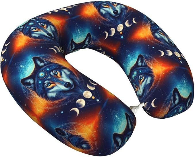Unique Travel U Shaped Pillows Galaxy Wolf Night Sky Space Moon for Airplanes Car Flight, Comfortable Chin Head Neck Cushion Supporting, Polyester Removable Cover