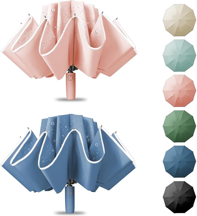 Large Windproof Travel Umbrella, Portable Reverse Folding Car Umbrella, Compact Inverted Design with Waterproof Canopy, Automatic, 10 Durable Ribs, 45.6/13 Inch, Fits Backpack