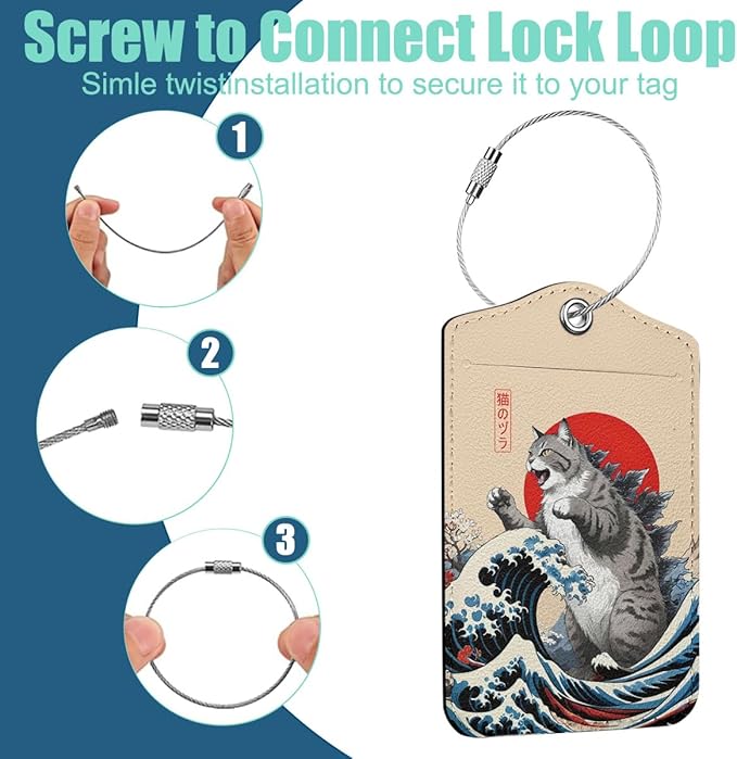 2Pcs Funny Japanese Cat Luggage Tag, Suitcase Tags with Privacy Flap and Metal Loop, Luggage Tags for Suitcases, Identifiers Travel Essentials Bag Tag, Cat Lovers Gifts for Women Girls Friends