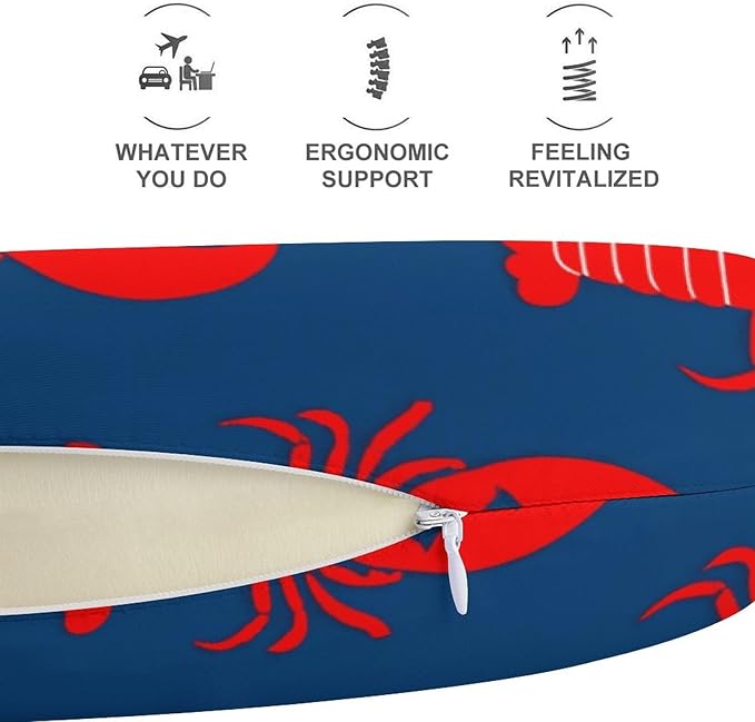 Unisex Travel Pillow U-Shaped Memory Foam Neck Support, Red Lobster American Flag Color Navy Blue U-Shape, Washable Airplane Car Nap Cushion