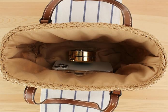 Womens Straw Tote Handbag - Summer Beach Bag with Top Handle - Handwoven Shoulder Bag - 2024