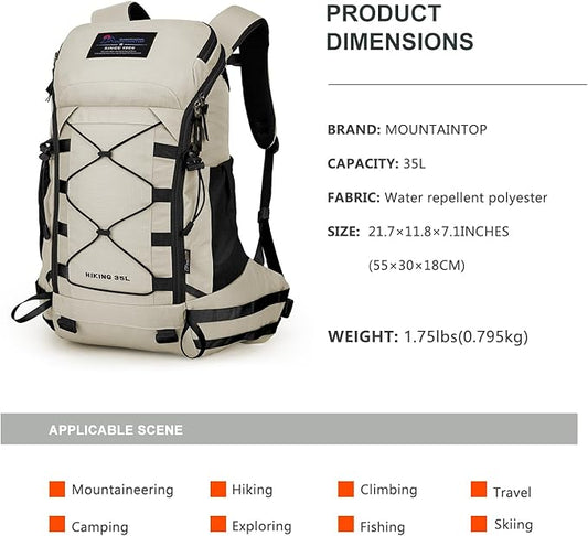 MOUNTAINTOP 35L Hiking Backpack, Lightweight Outdoor Travel Camping Daypack with Rain Cover for Men & Women（White）