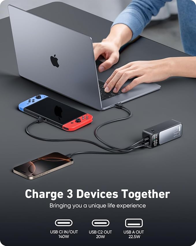 Laptop Power Bank, 140W 27000mAh (99.9Wh) Portable Laptop Charger, PD 3.1 USB C in&Out Fast Charger External Battery Pack for iPhone 17 16 15 Pro Samsung MacBook Dell XPS iPad Steam Deck etc