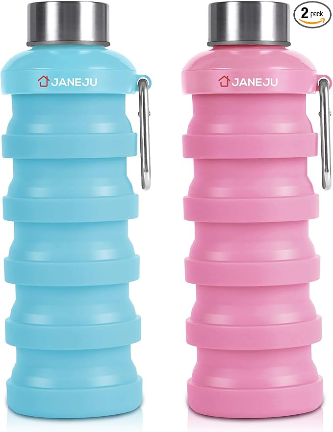 JaneJu Collapsible Water Bottle, 17oz BPA Free Silicone Reusable Portable Lightweight Foldable Water Bottles with Carabiner, Portable Leak Proof Sports Water Bottle (blue&pink)