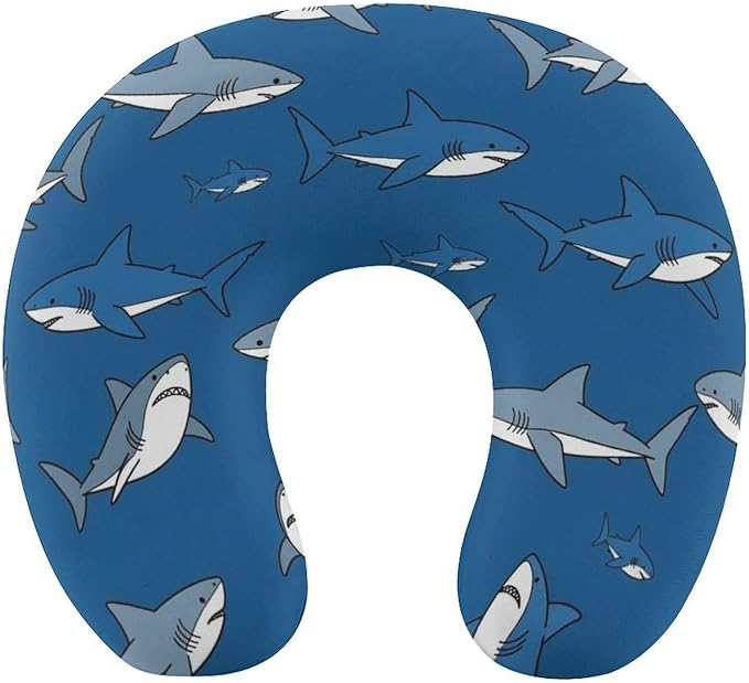 Soft Memory Foam Travel Pillow Chin Support Navy Blue Cartoon Sharks Print, Removable Washable Cover for Airplane Car Home Office Nap