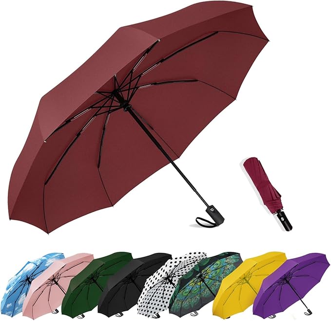 SIEPASA Two Packs Auto Open & Close Small Travel Umbrella Compact for Backpack-Umbrellas for Rain, Lightweight Strong Mini Portable Umbrellas for Men and Women. (Black & Wine Red, 2 Pack)
