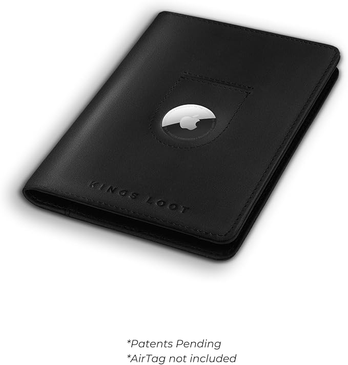Kings Loot Passport Holder Wallet – RFID Blocking Leather Travel Wallet with Built-in Airtag Holder – Holds 1-6 Cards & Passport – Easy Pull Tab – Slim & Stylish Wallets (Onyx Black/Engraved)