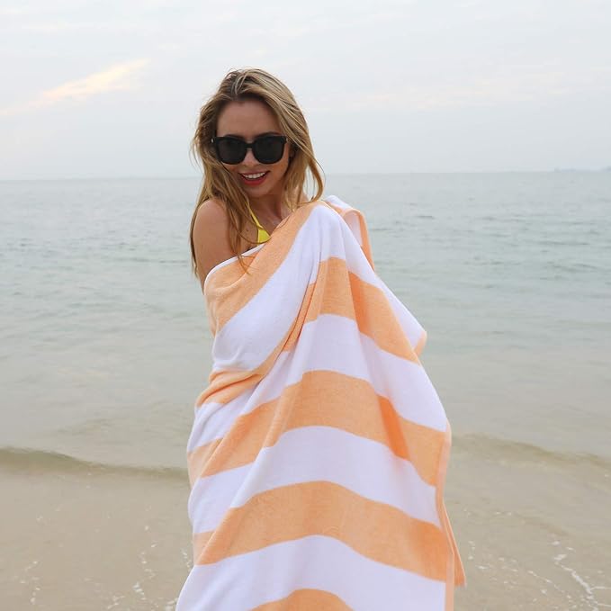 CLOWOOD Plush Oversized Beach Towel - Cotton 40 x 70 Inch Large Thick Orange Striped Cabana Pool Swimming Towel