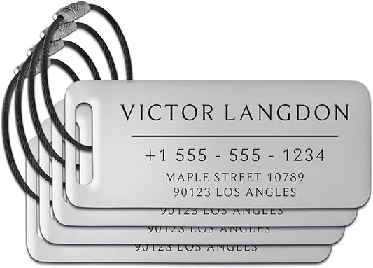 Personalized Luggage Tags for Suitcases 4 Pack - Stainless Steel Custom Luggage Tags for Backpacks & Bags, Sturdy, Waterproof & Heavy Duty (Silver / 3" x 1.25")