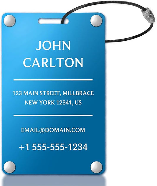 Personalized Luggage Tags for Suitcases - Aluminum Custom Luggage Tags for Backpacks & Bags, Sturdy, Waterproof & Heavy Duty (Blue/Card-Sized)