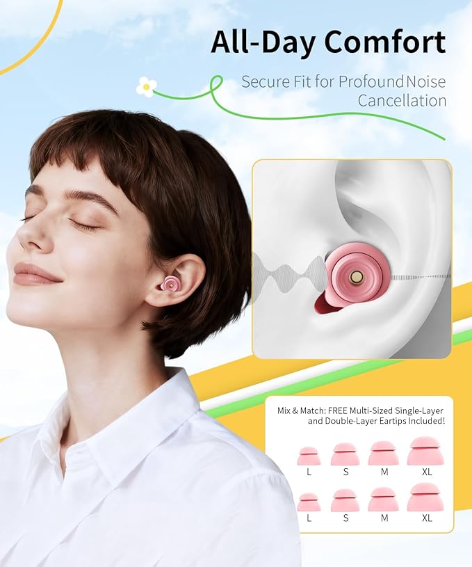 Ear Plugs for Sleeping 45dB Reusable Noise Cancelling Ear Plugs with 8 Eartips and Travel Case for Concerts, Snoring, Travel, Study Sleeping earplugs(Pink)