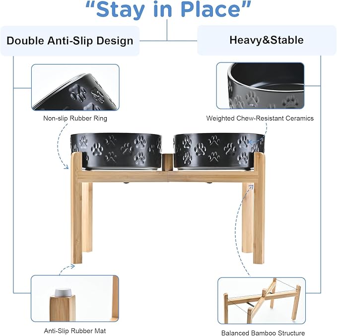 SPUNKYJUNKY Elevated Dog Bowls Ceramic, 8.3'' Dogs Food Water Bowls Raised with Non-Slip Bamboo Stand for Large Sized Breed Microwave Dishwasher Safe - 60 OZ,Paw Black