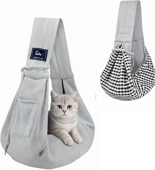WOOFOOW Premium Dog & Cat Sling Carrier – Soft, Adjustable, Hands-Free Puppy Sling for Small Dogs, Reversible Cat Carrier Pouch, Travel & Outdoor Pet Sling with Safety Harness & Pocket (Gray)