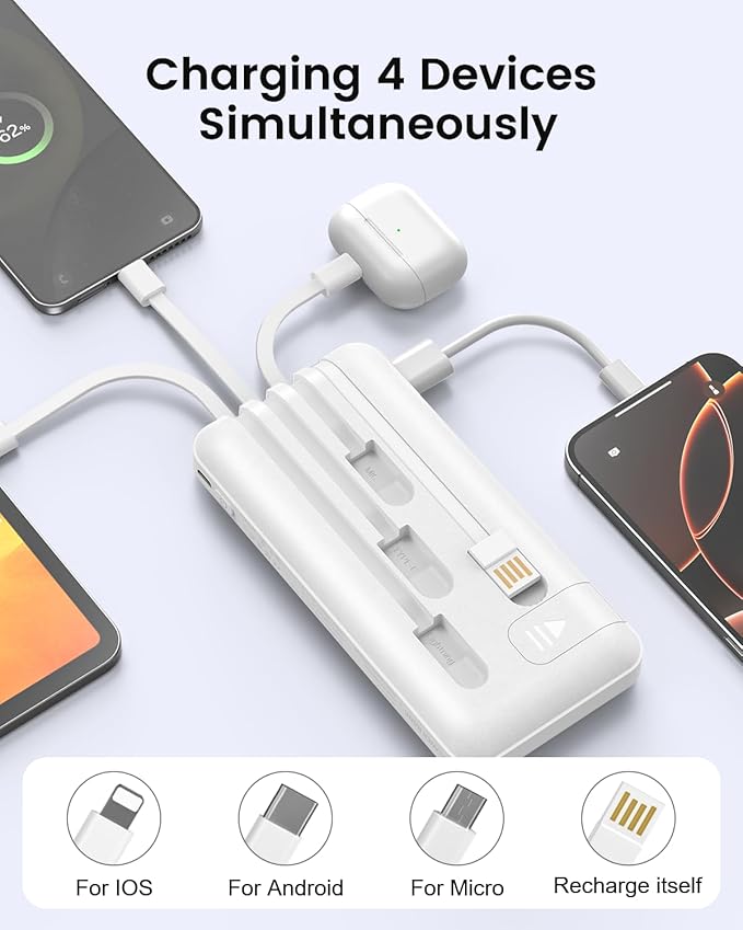 Portable Charger Power Bank with 4 Built in Cables,38800mAh 22.5W External Battery Pack, USB C Fast Charging, Travel Phone Charger for iPhone 17/16/15 Samsung Android iPad(White,38800mAh)