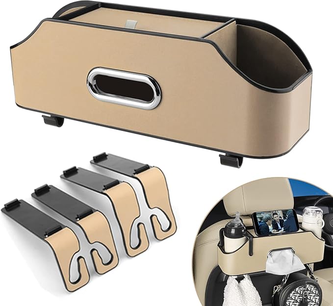 Car Seat Back Organizer - Stylish & Functional Storage for Family Adventures - Cup Holders, Tissue Box & Hooks - Perfect for Kids, Road Trips & Travel (Beige)