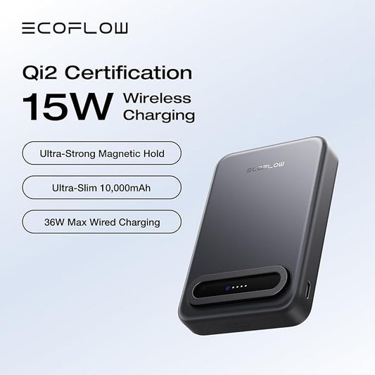 EF ECOFLOW Rapid Mag Power Bank 10,000mAh, Qi2 Certified 15W Wireless Charging, 0.6'' Ultra-Slim Magnetic Portable Charger, Fast Charging Magsafe-Compatible Battery for iPhone 17/16/15, Galaxy, Black