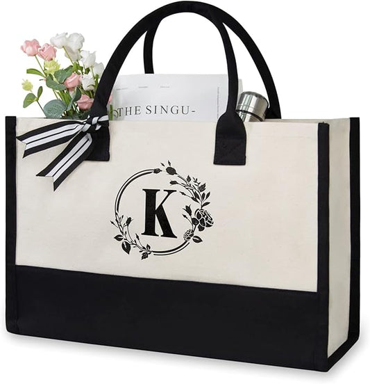 TOPDesign Personalized Initial Canvas Beach Bag, Monogrammed Gift Tote Bag for Women