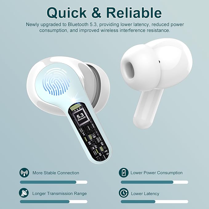 Wireless Earbuds, Bluetooth 5.4 Headphones HiFi Stereo, Bluetooth Earbuds with ENC Noise Cancelling Mic, IP7 Waterproof in Ear Earphones, 48H, LED Display Ear buds for Pad Phones Workout Sports, Azure