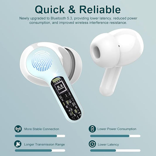 Wireless Earbuds, Bluetooth 5.4 Headphones HiFi Stereo, Bluetooth Earbuds with ENC Noise Cancelling Mic, IP7 Waterproof in Ear Earphones, 48H, LED Display Ear buds for Pad Phones Workout Sports, Azure