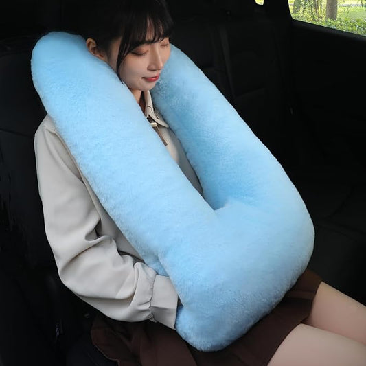 Kids Travel Pillow for Car Seat with Hand Muff, Cartoon Neck & Headrest Seat Belt Pillow for Car Road Trips Long-Distance Travel Sleeping Pillow for Adults and Children, Light Blue