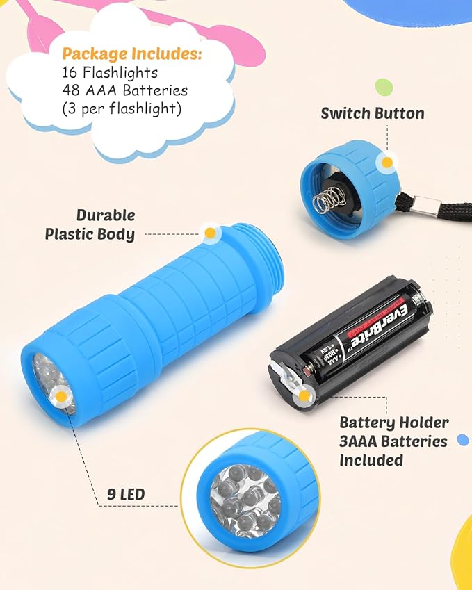 EverBrite 16-Pack Mini LED Flashlight Set - Assorted 4 Colors, 48 AAA Batteries Included, for Hurricane Supplies Party Favors, Kids Gift, Camping, Hiking etc