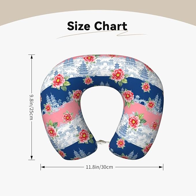 Neck Pillow Memory Foam Chin Cushion with Breathable Cover Pink Watercolor Peony Blue Chinoiserie, Cute Airplane Car Pillows for Office Head Pain Relief