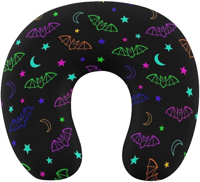 Pain Relief Travel Neck Pillow Halloween Gothic Moon Star Cute Neon Bat, Memory Foam U Shaped Support, Breathable Zip Cover for Airplane Car Office Men Women