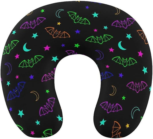 Pain Relief Travel Neck Pillow Halloween Gothic Moon Star Cute Neon Bat, Memory Foam U Shaped Support, Breathable Zip Cover for Airplane Car Office Men Women