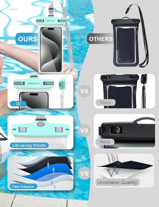 wellhouse Waterproof Phone Pouch, Waterproof Phone Case for iPhone 16 15 14 13 12 Pro Max XS Samsung, IPX8 3D Cellphone Dry Bag Beach Essentials (2 Pack - Green & White7.0, 7 inch)