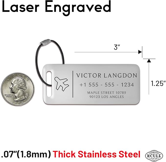 Personalized Luggage Tags for Suitcases - Stainless Steel Custom Luggage Tags for Backpacks & Bags, Sturdy, Waterproof & Heavy Duty (Silver / 3" x 1.25")