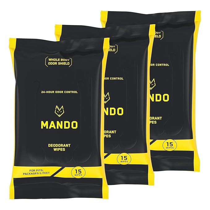 Mando Deodorant Wipes - 24 Hour Odor Control - Aluminum Free, Baking Soda Free, Skin Safe (15 Count (Pack of 3)