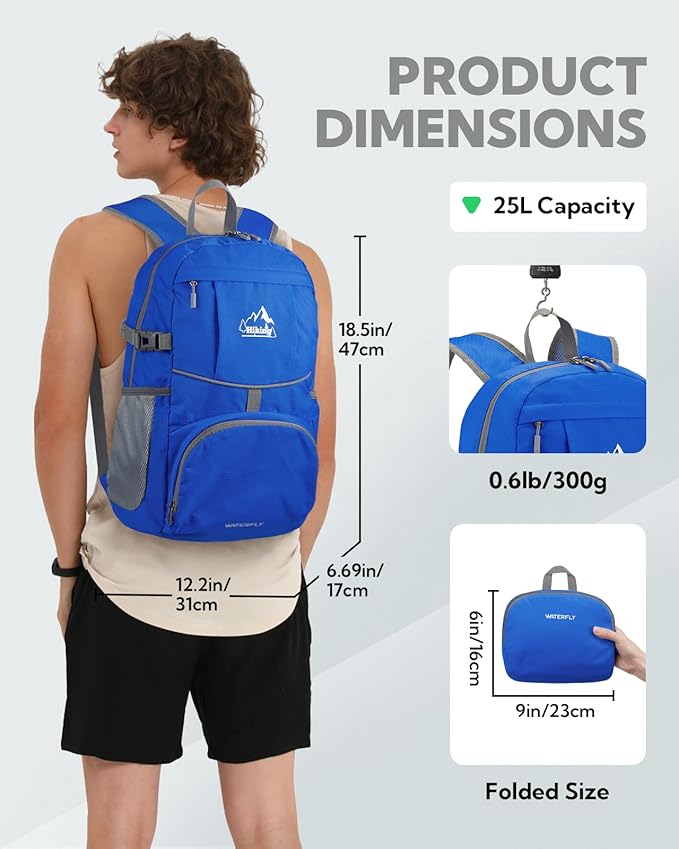 WATERFLY Hiking Packable Daypack Backpack: 25L Ultra Lightweight Day Pack for Woman Man - Small Compact Folding Back Pack for Outdoor Sport Cycling Camping Travel Trip - Blue
